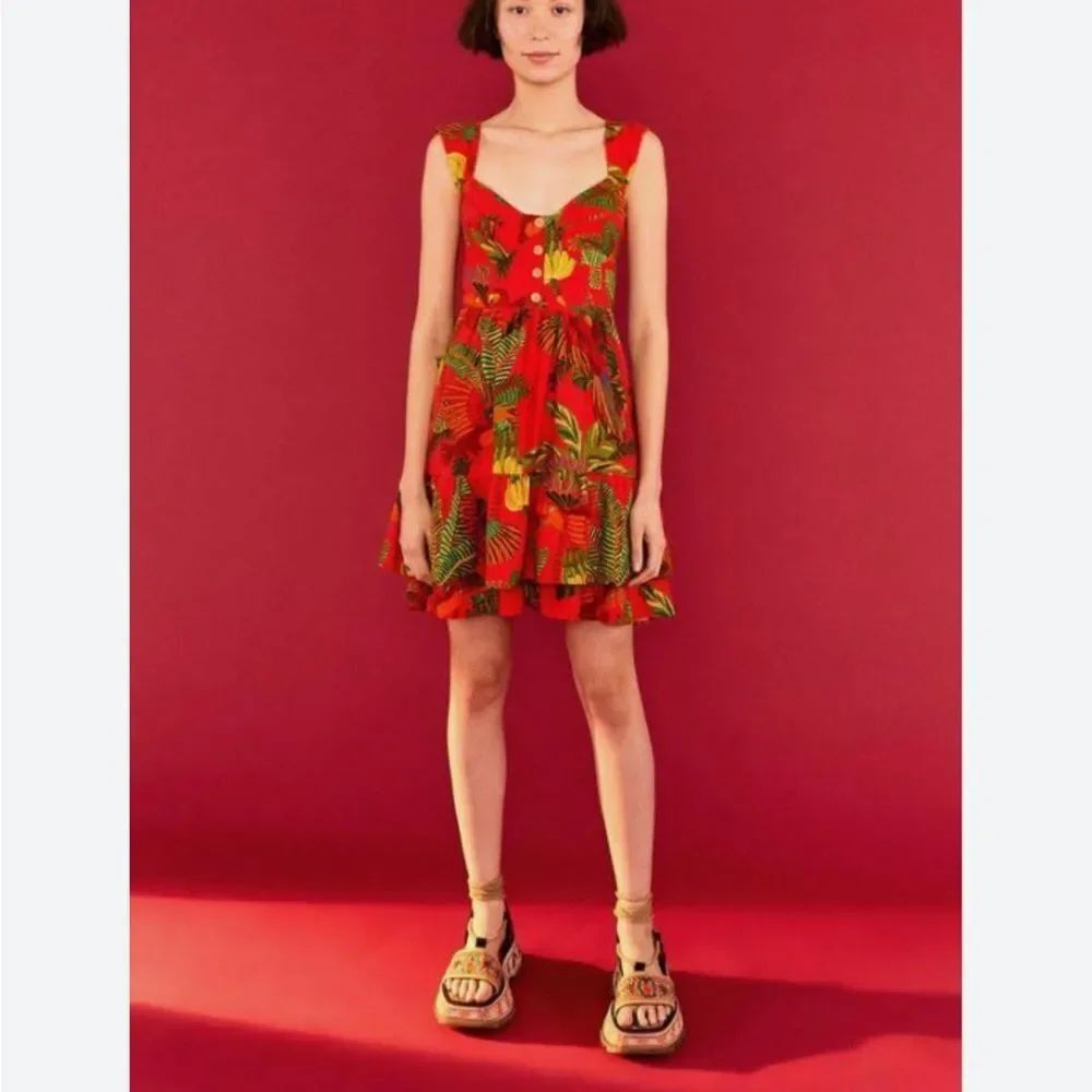 NEW Farm Rio Red Multicolor Forest Birds Linen Blend Mini Dress Size S